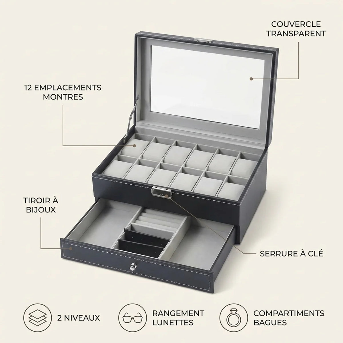 Boîte à Montres 12 Places à Tiroir – visuel 2