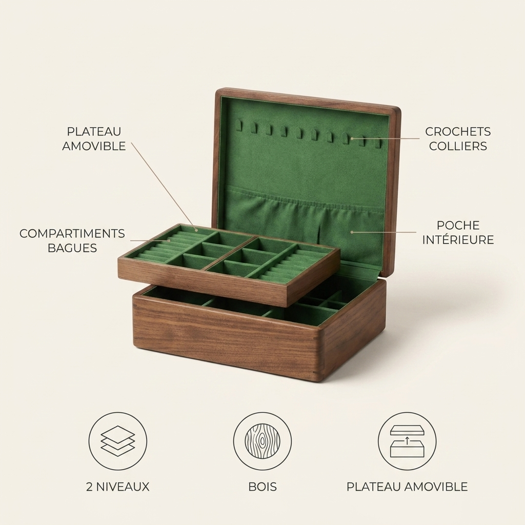 Boîte à Bijoux Bois Velours Vert