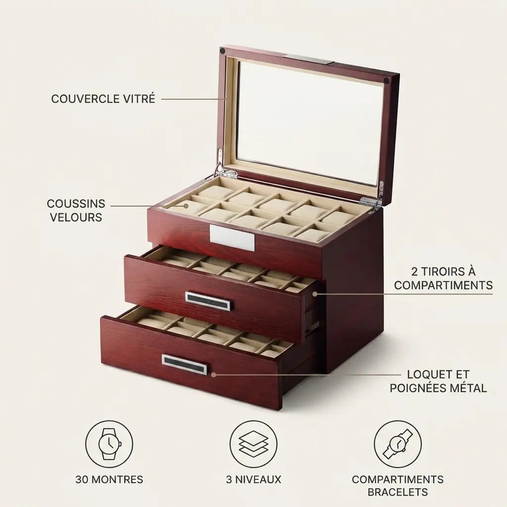 Grand Coffret à Montres 3 Niveaux