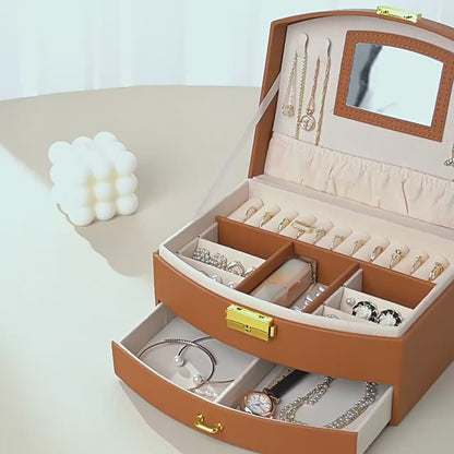 Boîte à bijoux camel avec miroir, tiroir et serrure à clé