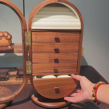 Boîte à bijoux rotative en noyer avec miroir, 5 tiroirs, 47,5 cm